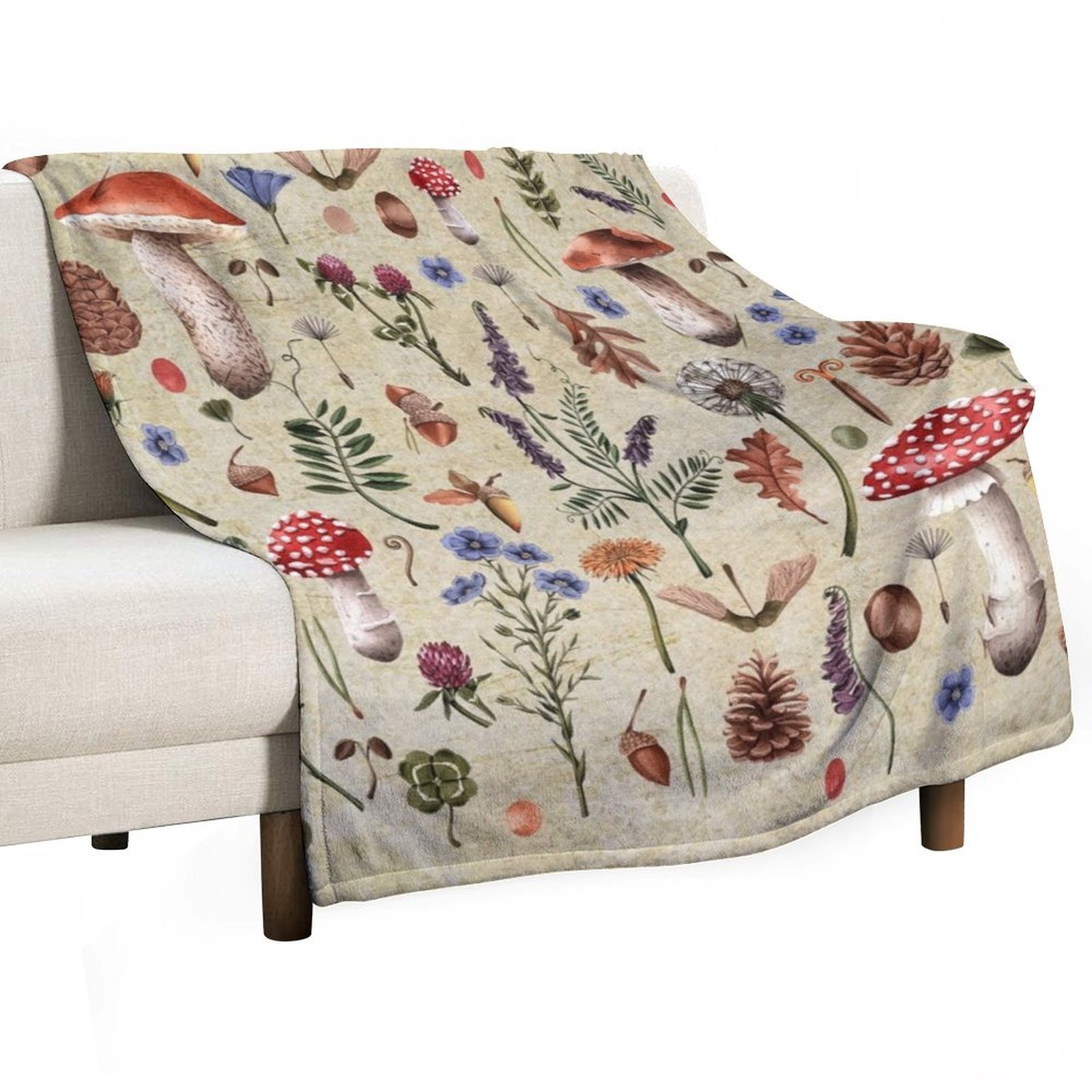 Neutral Throw Blanket - Jamur botani retro, bunga liar d...