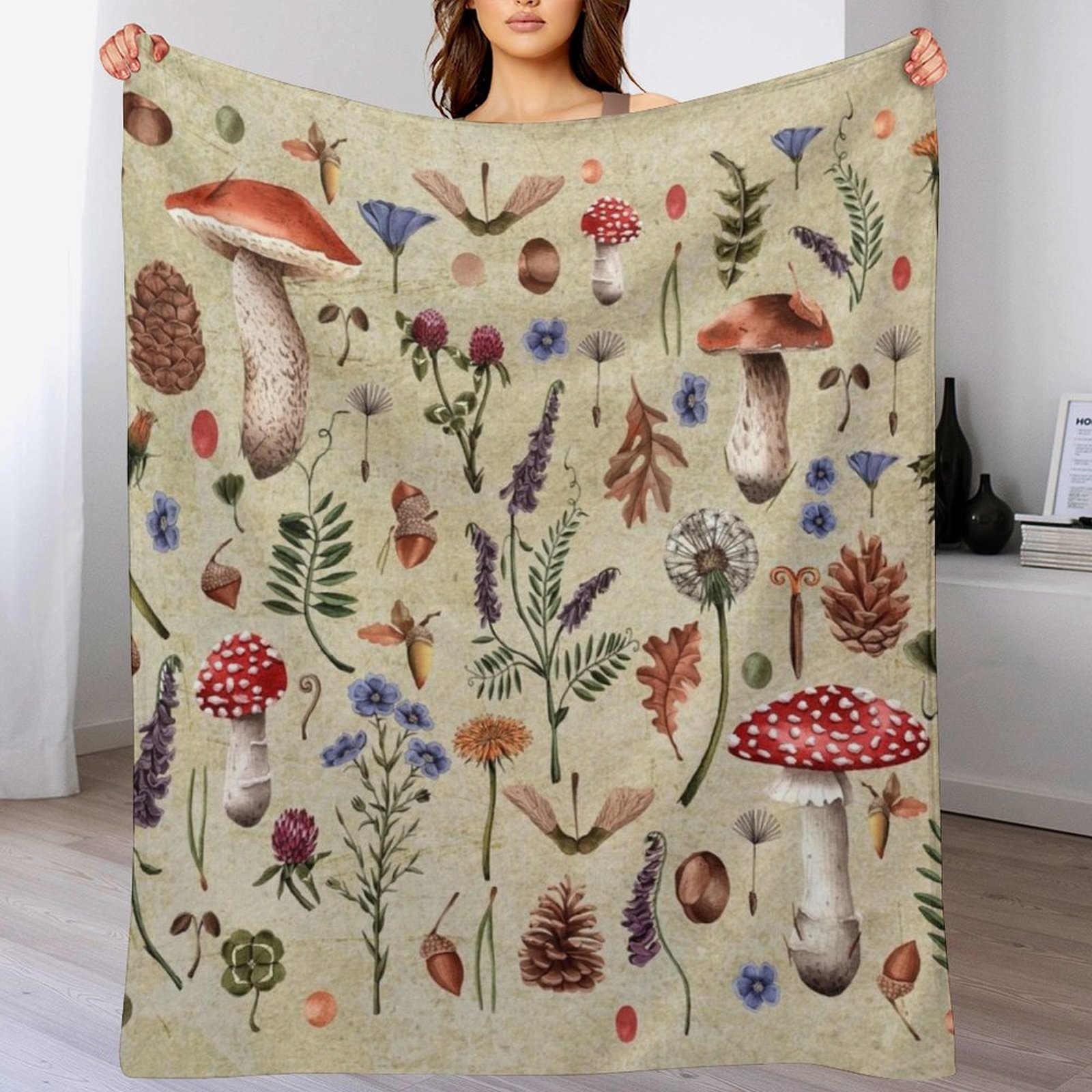 Jamur botani retro, bunga liar - Neutral Throw Blanket ulasan dan harga